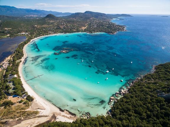 Aerial view of Santa Giulia beach, located just south of Porto Vecchio, Corsica